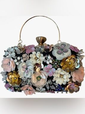 bebe LA Embellished Clutch Bag Handbag Flowers Sequins Rhinestones Crystal